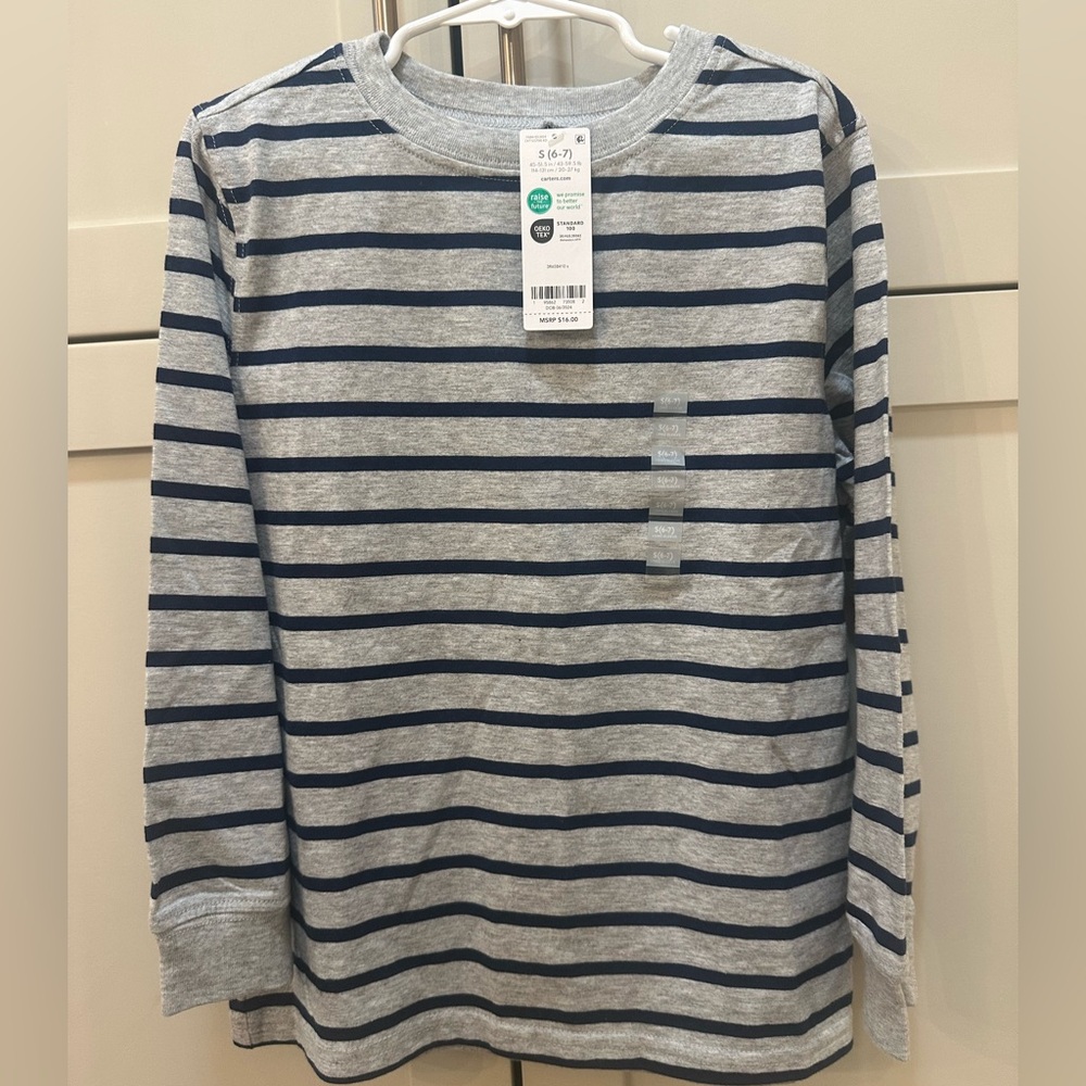 NWT Carters Striped Gray and Blue SHIRT- S (6/7)